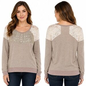 Miss Me L Thin Sweatshirt Embroidery Beaded Lace Boho Aztec Western